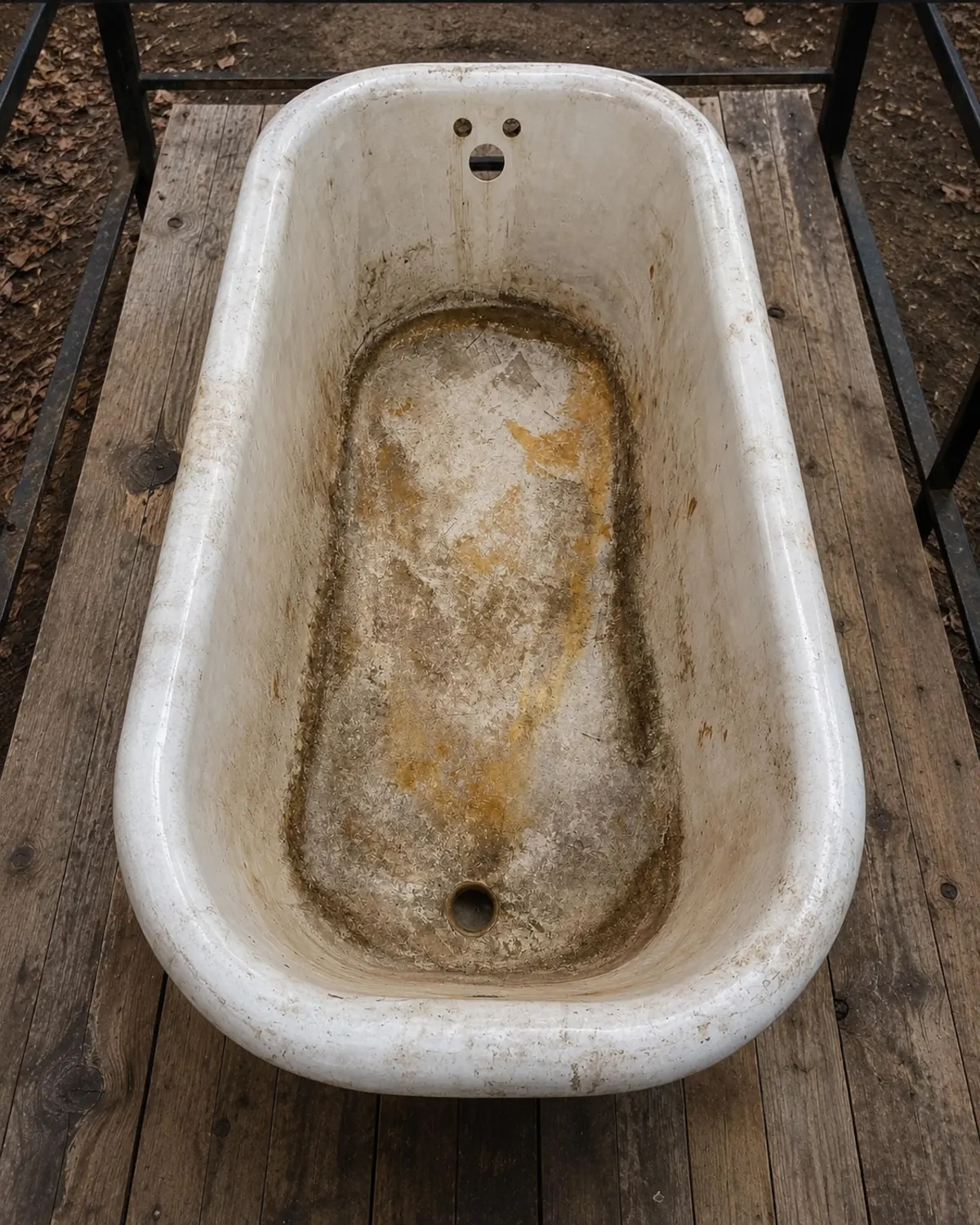 Rusted antique clawfoot tub before BathMasters restoration on the Gulf Coast