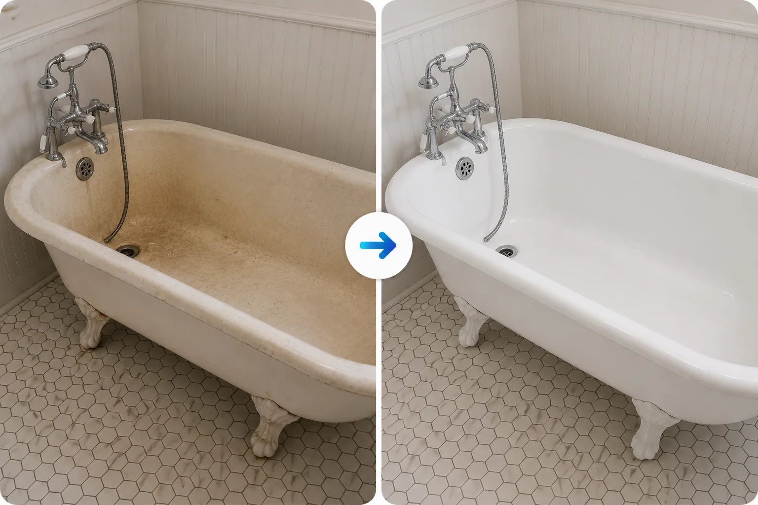 Clawfoot tub with custom exterior color, refinished before and after by BathMasters on the Gulf Coast
